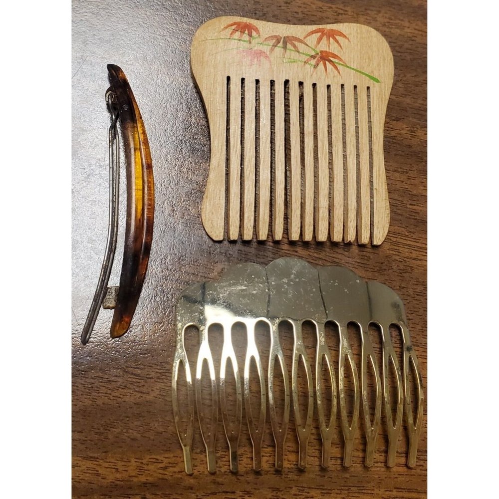 Vintage Estate Lot of 2 Hair Combs and 1 Barrette Wood, Metal and Faux Tortoise - Picture 1 of 8